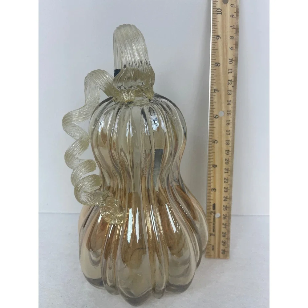 Tahari Home Glass Pumpkin Gourd Champagne Amber Ribbed Luster Fall Decor NEW